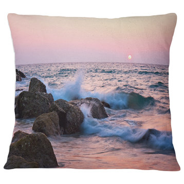 Rocky Coast with Foam Waves Seashore Throw Pillow, 18"x18"
