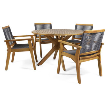 Chazz Outdoor 5 Piece Acacia Wood Dining, Teak and Dark Gray