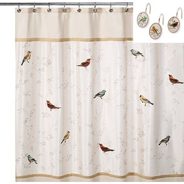 Avanti Linens Gilded Birds Fabric Shower Curtain, 12 Deluxe Shower Hooks, Ivory