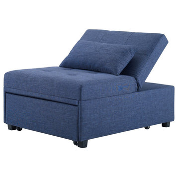 Contemporary Sleeper Chair, Tufted Seat With Matching Pillow, Blue Polyester