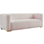 Meridian Furniture - Ravish Velvet Upholstered Chair, Pink, Sofa - Bring your living room decor into the moment with this Ravish velvet sofa. This beautiful sofa features all-over upholstery in a soft pink color that's easy to blend with other color elements in your space. The deep channel tufting that runs horizontally and vertically along the sofa's exterior adds to its lovely look, and it comes with both gold and chrome legs for a custom finish.