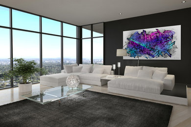 Example of a huge trendy loft-style light wood floor living room design in Chicago with black walls