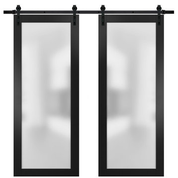 Glass Double Barn Doors 72 x 80 & 13FT Track Kit | Planum 2102 Black Matte
