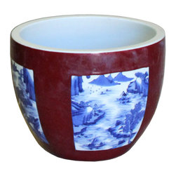 Chinese Red Blue & White Oriental Graphic Ceramic Pot Planter cs4275 - Decorative Jars And Urns