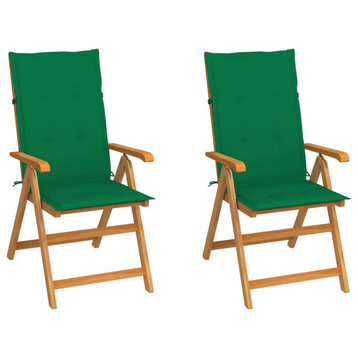 vidaXL 2x Solid Teak Wood Patio Chairs with Green Cushions Garden Outdoor