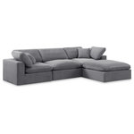 Meridian Furniture - Comfy Upholstered L-Shaped Modular Sectional, Grey, 4-Piece: 1 Armless Chair, 2 Corner Chair, 1 Ottoman, Velvet - Give your space a whole new look with this grey Comfy velvet sectional. This handsome sectional fits nicely with other items in the Comfy collection and is a versatile seating option designed for adaptability, comfort and style. Wrapped in rich grey durable velvet upholstery, this sectional offers a plush embrace of overstuffed down feather cushions, carefully crafted to deliver the highest level of comfort. The perfect seat for creating an oasis for relaxation, this sectional has thick foam surrounding its frame for added support and coziness.