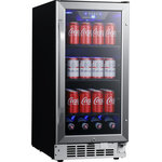 EdgeStar - EdgeStar CBR902SG 15"W 80 Can Built-In Beverage Cooler - Stainless Steel - Features: Fan circulated cooling is less likely to produce cold spots than plate-cooled units and, you guessed it, this unit features fan circulated cooling so you know your beverages will all receive equal treatment Compressor-based cooling produces results that other units just can&#39;t compete with, bring your beverages to the perfect temperature quickly Rubber bushings dampen the usual noisy hum produced by many other coolers Glass shelves and an impressive blue LED cast your beverages with adequate lighting for easy viewing of your beverages being stored At 15 inches, this unique unit can squeeze into tight spaces Soft touch buttons and an digital display make choosing a temperature setting a breeze This unit is shipped right-handed but you can reverse the door to better accommodate your space Fan-forced front ventilation allows this unit to be installed flush with surrounding cabinetry in an undercounter installation or optionally installed as free standing For Built-In installations, please allow a minimum of 1" to 2" of clearance at the back for proper ventilation and service access. Unit must be installed in an area protected from the elements, (wind, rain, etc.), and that allows unit to be pulled forward for servicing. (See Owner&#39;s Manual for more details) 38 - 65°F temperature range allows this unit to accommodate many different types of beverages 1 Year Labor, 1 Year Parts Manufacturer Warranty Specifications: Width: 15" Height: 32" Depth: 23-1/2" (25-1/4" w/ handle) Installation Type: Built-In or Free Standing Can Capacity (12 oz.): 80 Bulb Type: LED Defrost Type: Automatic Door Alarm: Yes Door Lock: Yes Reversible Door: Yes With Casters: No
