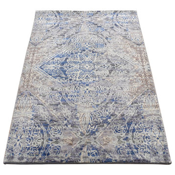 Blue Silk With Wool Hand Knotted ERASED ROSSETS Rug 2' x 3'1"