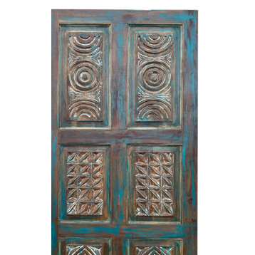 Consigned Sliding Barn Door, Blue Custom Carved Door, Rustic Interior Door 80