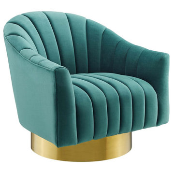 Fan Armchair, Velvet Accent Chair, Gold Glam Luxe Chic Club Chair Arm Chair, Tea