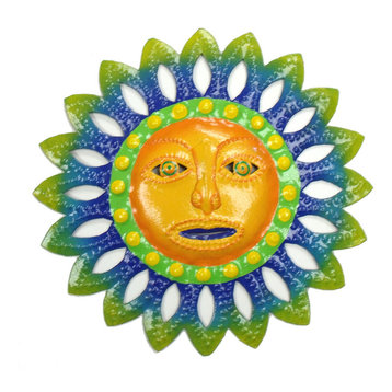 Handcrafted Tropical Sun Haitian Metal Art Wall Decor Blue Yellow
