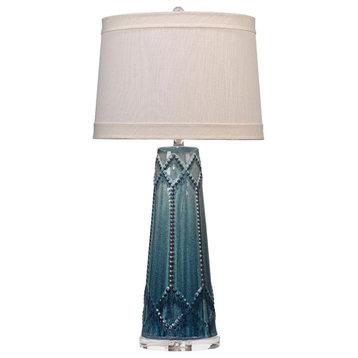 Vintage Style Hobnail Teal Aqua Ceramic Table Lamp 34 in Diamond Pattern Studded