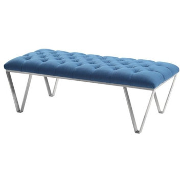 Armen Living Serene Tufted Fabric & Metal Bench in Blue/Brushed Silver