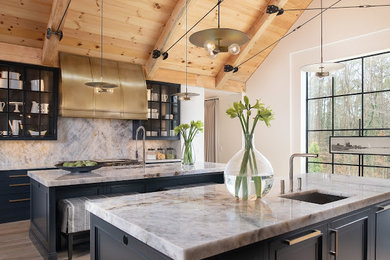 Eat-in kitchen - large eat-in kitchen idea in Atlanta with quartzite countertops, stone slab backsplash, two islands and multicolored countertops