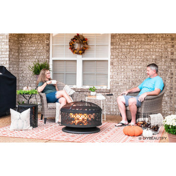 Sunjoy 30" Outdoor Fire Pit With Spark Screen and Fire Poker