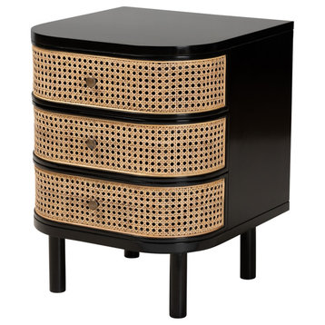 Modern Bohemian Black Wood and Natural Rattan 3-Drawer End Table