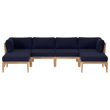 Clearwater Outdoor Patio Teak Wood 6-Piece Sectional Sofa, Gray Navy