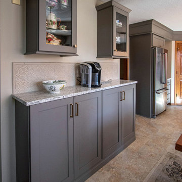 2 Tone Gray Kitchen with Quartz Countertop and Crackle Tile Backsplash