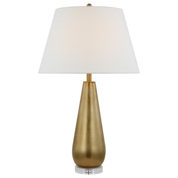 Aris Large Table Lamp in Antique-Burnished Brass and Clear Glass with Linen Shad
