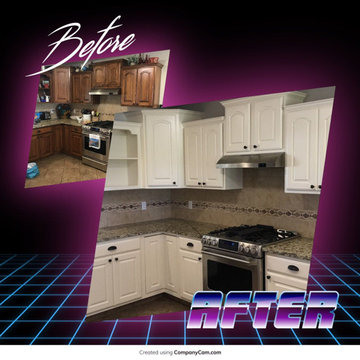 Old dark stained oak cabinets painted Linen White with Italian Polyurathanes.