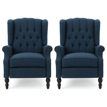 Xanthe Tufted Fabric Recliner, Set of 2, Navy Blue and Dark Brown
