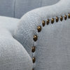 Elegant Curved Back Soft Blue Gray Wing Chair, Button Tufted Ring Pull Retro