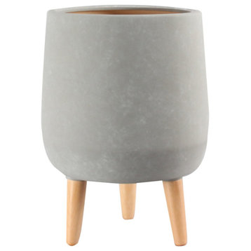 Serene Spaces Living White/Grey Ceramic Planter with Wood Legs, 15.75" H & 11" D