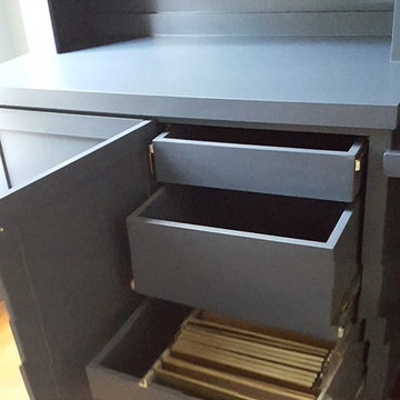 Dark Blue Office Built-in With Center Desk and Pullouts