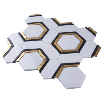 TNDOG-09 Hexagon White Marble Gold Metal Stainless Steel Backsplash Tile, 10 Sheets