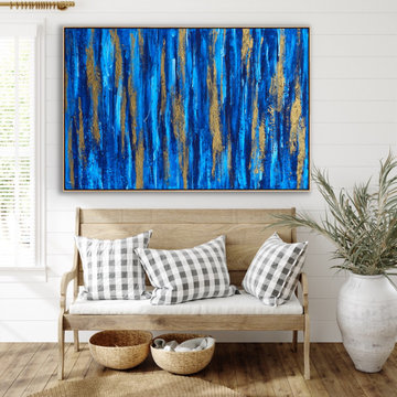 60x48 Inches Blue Gold Abstract Contemporary Painting Large Canvas Wall Art
