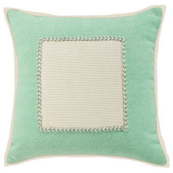 20" X 20" Pastel Green And Cream 100% Cotton Zippered Pillow