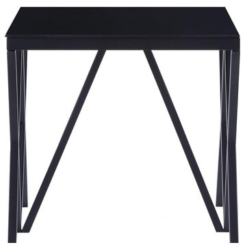 Contemporary End Table, V- Shaped Frame With Square Glass Top, Black