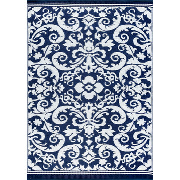 Carrero Transitional Scroll Navy/White Rectangle Indoor/Outdoor Area Rug, 8'x10'