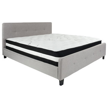 King Size Tufted Platform Bed, Light Gray With Spring Mattress