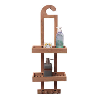 tia large over the showerhead rustproof shower caddy, teak shelves