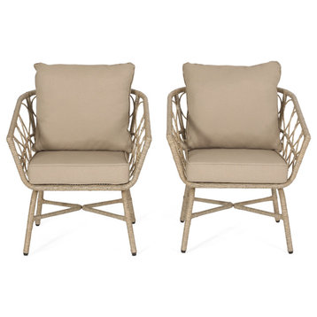 Colmar Outdoor Wicker Club Chairs With Cushions, Set of 2, Light Brown/Beige