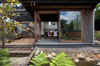 Inspiration for a large contemporary backyard full sun xeriscape in Wollongong with with pond and gravel.