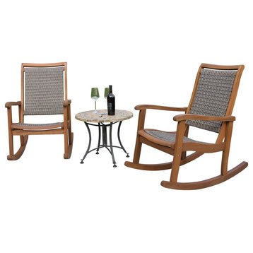 3-Piece Eucalyptus/Driftwood Gray Wicker Rocking Chair Set, Sandstone Table