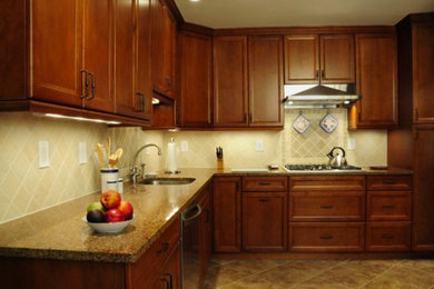 Kitchen pantry - mid-sized u-shaped medium tone wood floor kitchen pantry idea in Austin with an undermount sink, raised-panel cabinets, dark wood cabinets, granite countertops, beige backsplash, stone slab backsplash, stainless steel appliances and an island