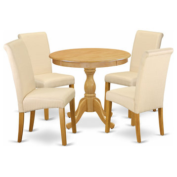 5 Pc Kitchen Set, Oak Round Table, 4 Light Beige Upholstered Chairs, Oak Finish