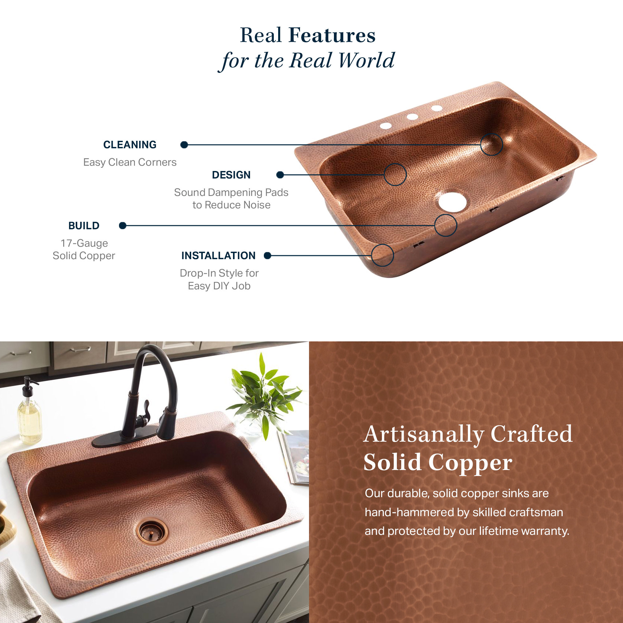Angelico Copper 33" Single Bowl Drop-In Kitchen Sink with 4 Holes