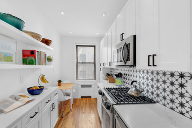 ニューヨークにあるお手頃価格の中くらいなコンテンポラリースタイルのおしゃれなII型キッチン (珪岩カウンター、白いキッチンカウンター) の写真