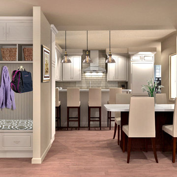 Airy Transitional Kitchen Design | White Shaker Cabinets & Quartz Countertops