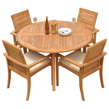 5-Piece Outdoor Teak Dining Set: 52" Round Table, 4 Alps Stacking Arm Chairs