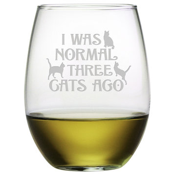 "I Was Normal Three Cats Ago" Stemless Wine Glasses, Set of 4