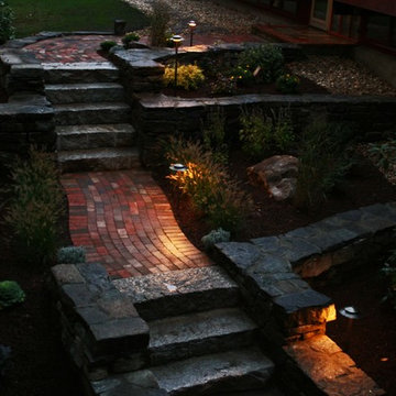 Brick Walkway with Granite Steps and Landscape Lights