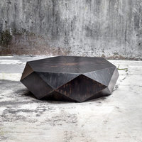 Faceted Large Round Wood Coffee Table, Modern Geometric Block Solid