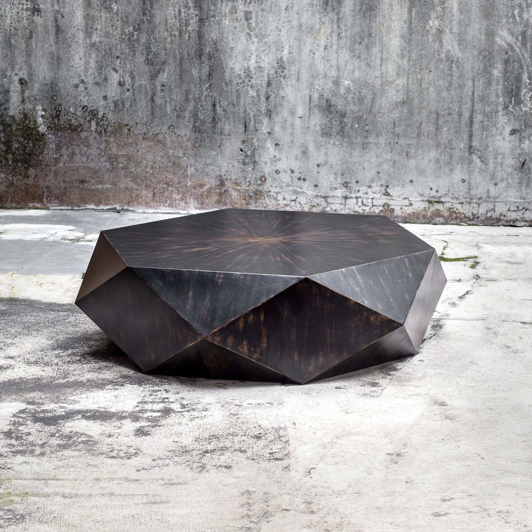Faceted Large Round Wood Coffee Table, Modern Geometric Block Solid