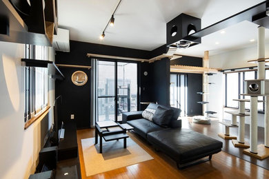 Photo of a mid-sized modern loft-style living room with black walls, painted wood floors and a freestanding tv.