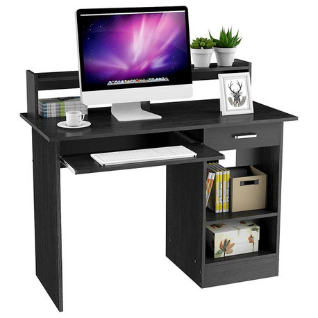 Wood Computer Desk with Drawers & Storage Shelves, Black